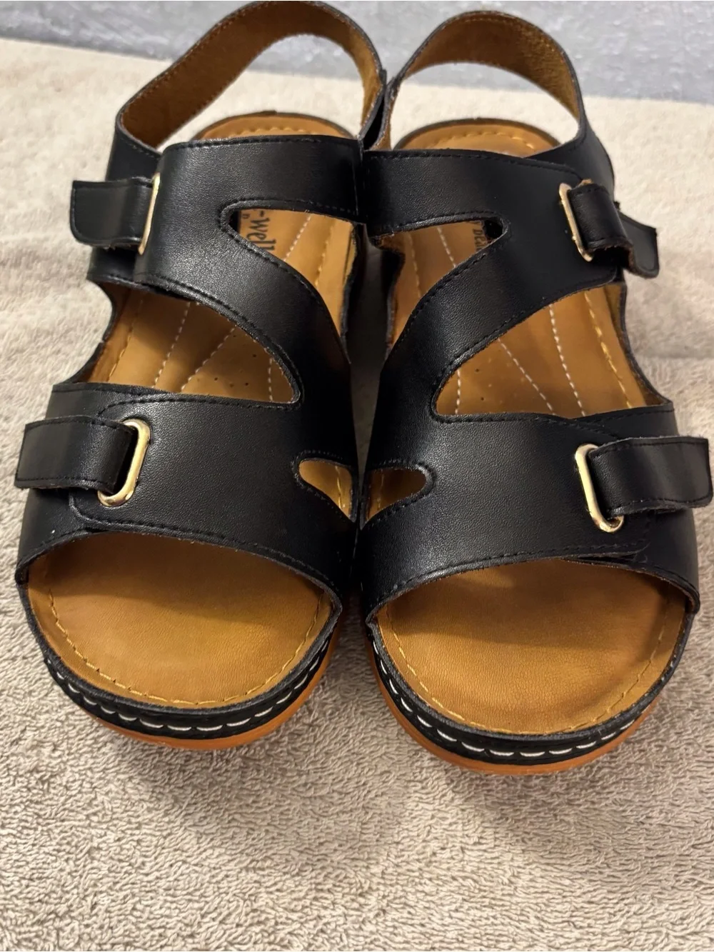 Sandals for Women - Black Leather-Style Strappy Sandal SZ 8 W Comfort Well